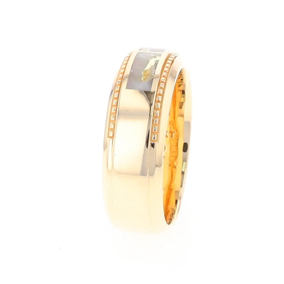 Gold Quartz Ring 3 Section Rectangle Inlaid Milgrain Border Band