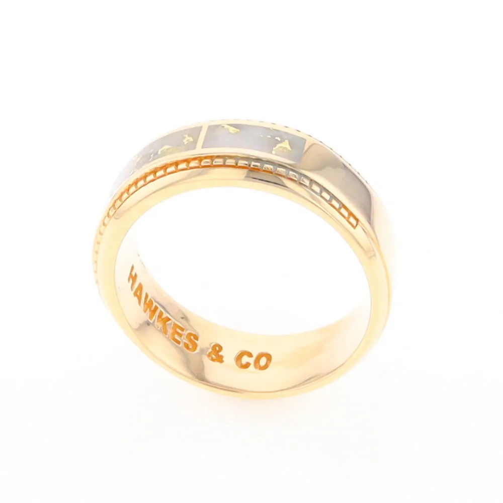 Gold Quartz Ring 3 Section Rectangle Inlaid Milgrain Border Band