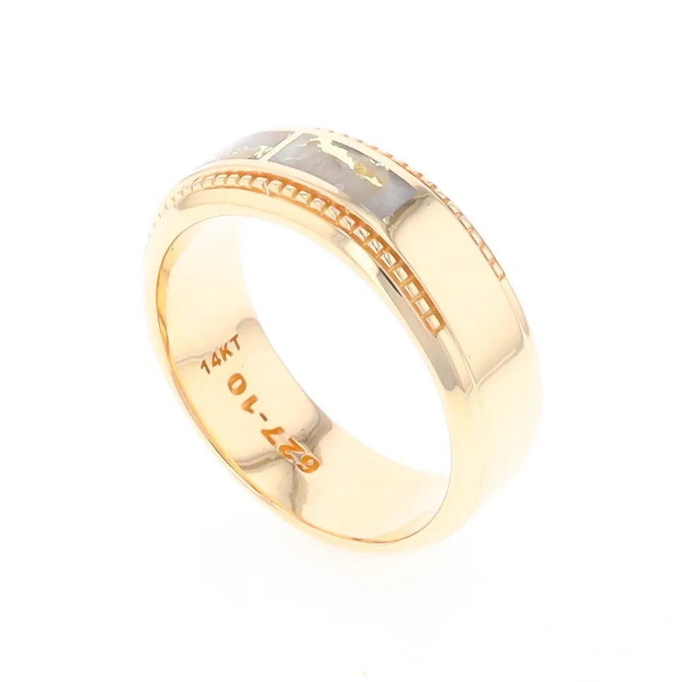 Gold Quartz Ring 3 Section Rectangle Inlaid Milgrain Border Band