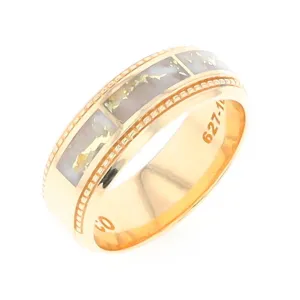 Gold Quartz Ring 3 Section Rectangle Inlaid Milgrain Border Band