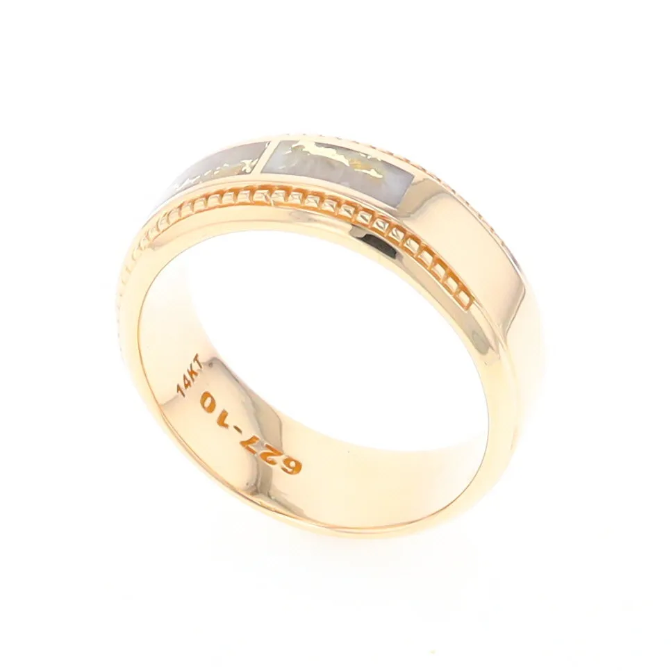 Gold Quartz Ring 3 Section Rectangle Inlaid Milgrain Border Band