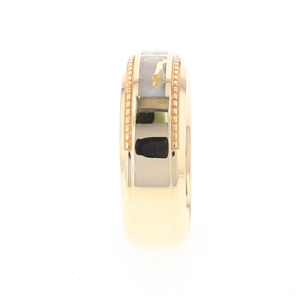 Gold Quartz Ring 3 Section Rectangle Inlaid Milgrain Border Band