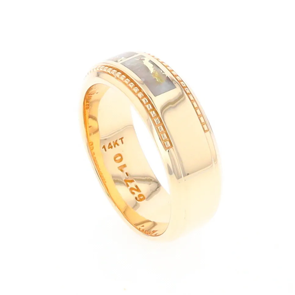 Gold Quartz Ring 3 Section Rectangle Inlaid Milgrain Border Band