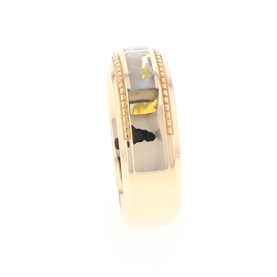 Gold Quartz Ring 3 Section Rectangle Inlaid Milgrain Border Band