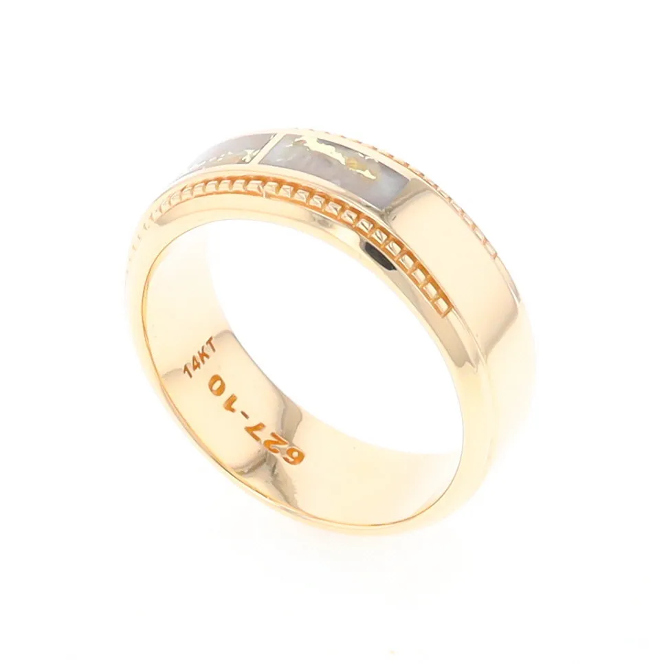 Gold Quartz Ring 3 Section Rectangle Inlaid Milgrain Border Band