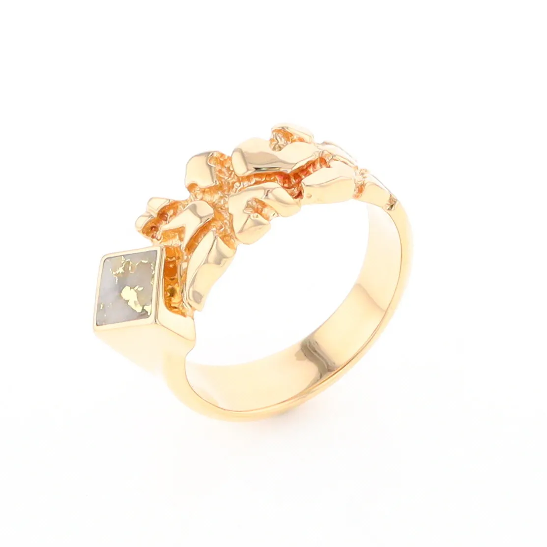 Gold Quartz Ring Diamond Shape Inlay Nugget Design Band