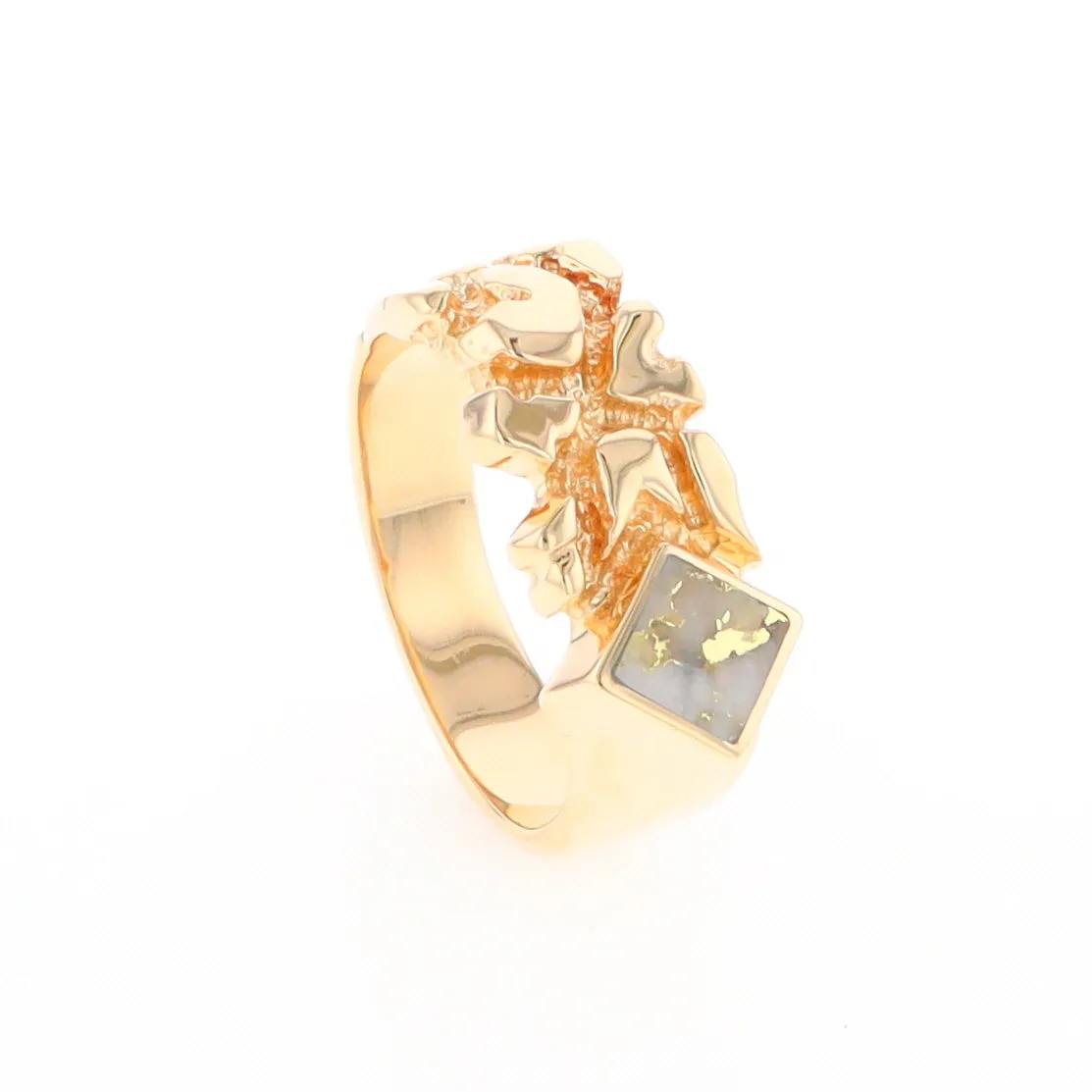 Gold Quartz Ring Diamond Shape Inlay Nugget Design Band