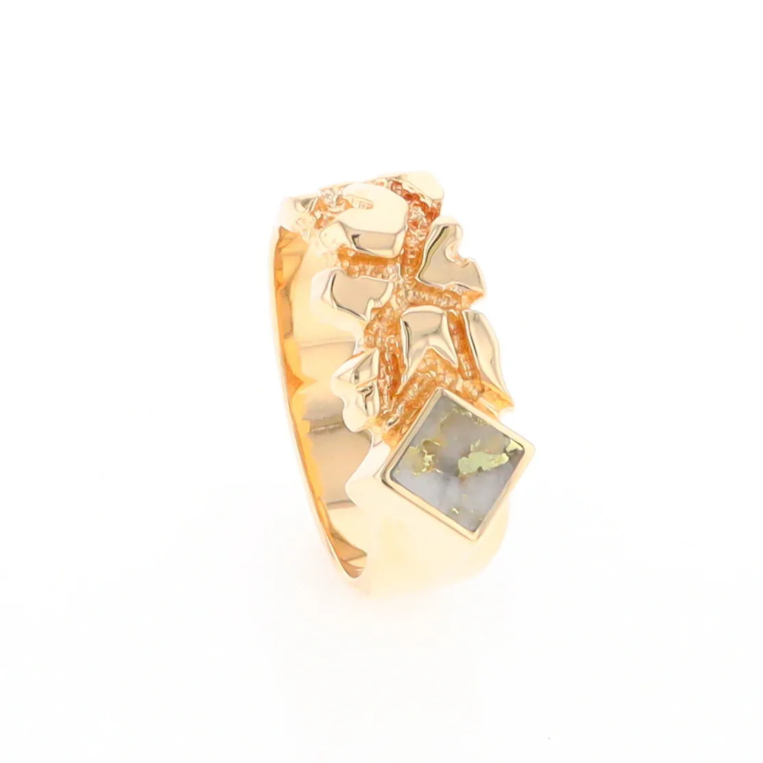 Gold Quartz Ring Diamond Shape Inlay Nugget Design Band