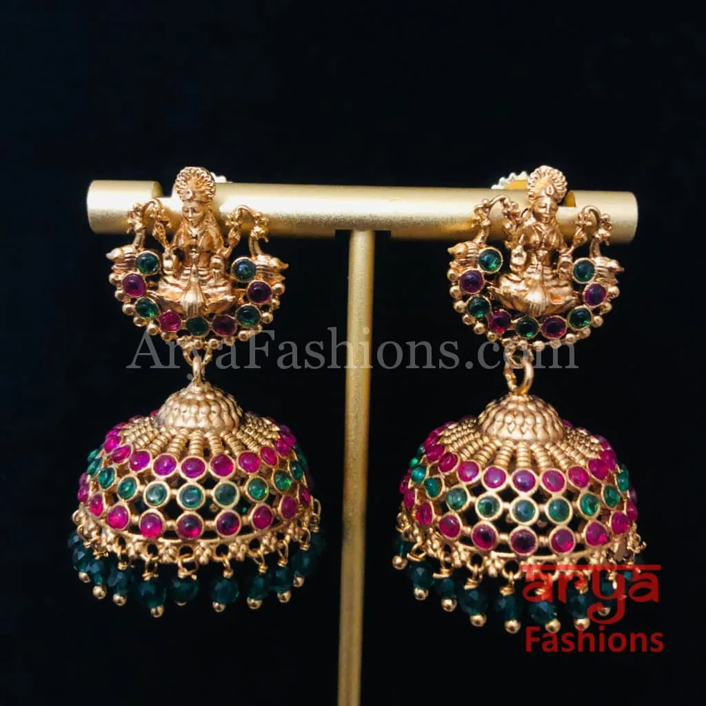 Golden Ball Jhumka Earrings with multicolor Kemp stones