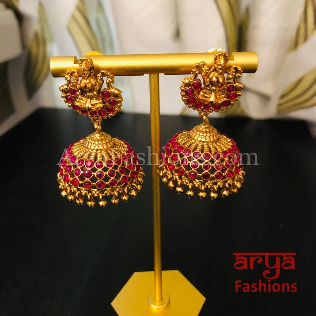 Golden Ball Jhumka Earrings with multicolor Kemp stones