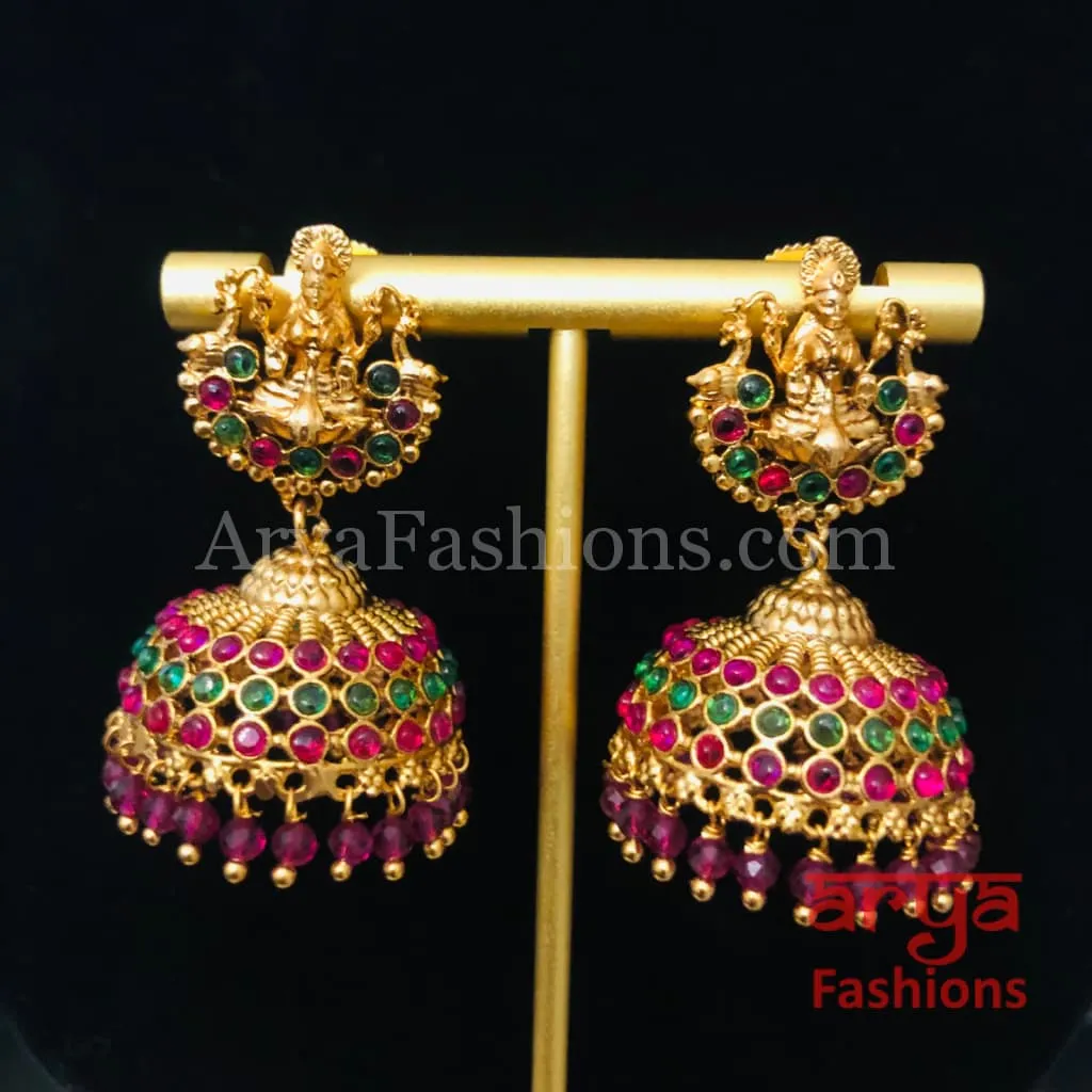 Golden Ball Jhumka Earrings with multicolor Kemp stones