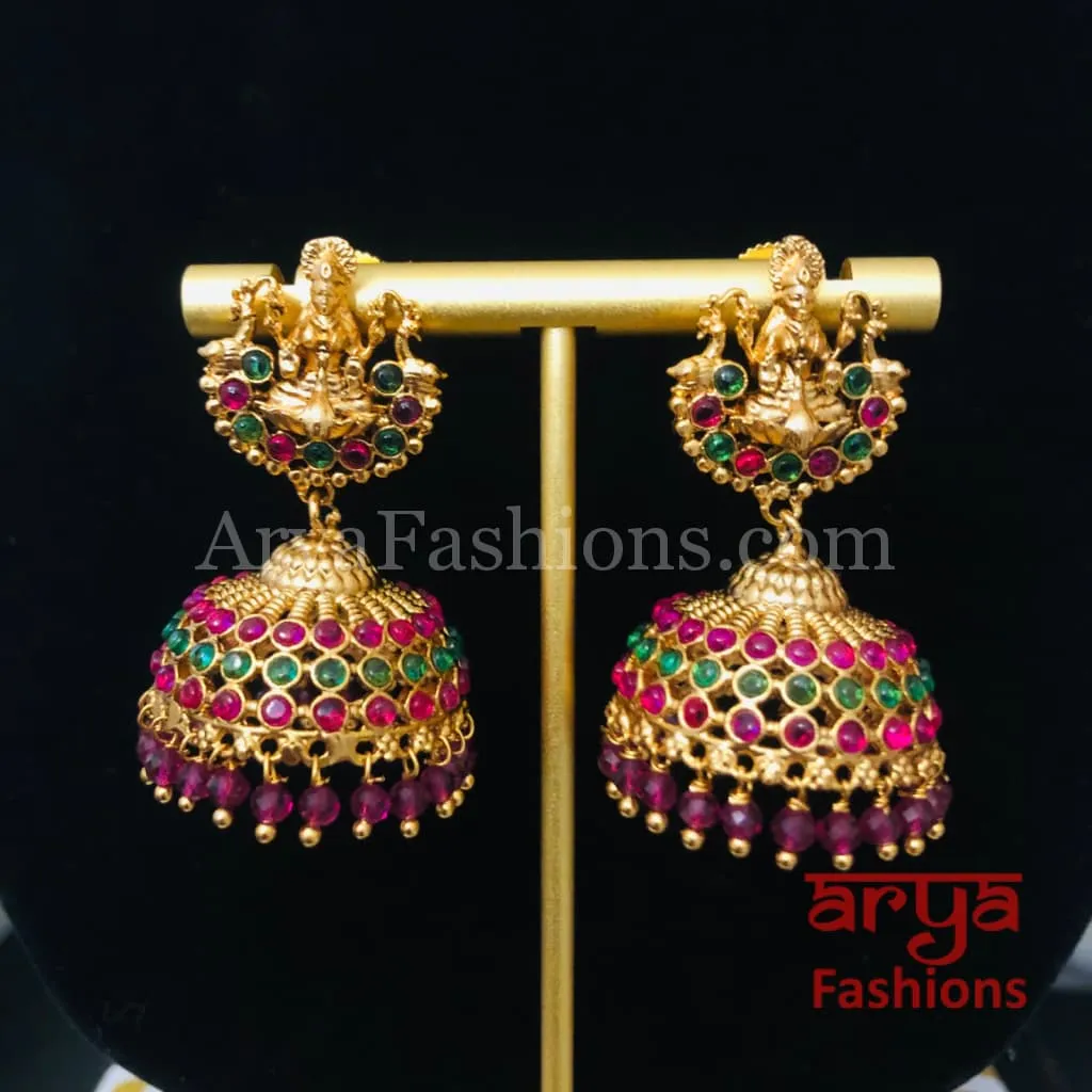 Golden Ball Jhumka Earrings with multicolor Kemp stones