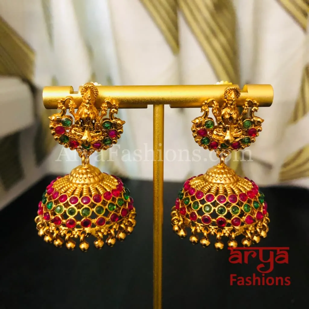 Golden Ball Jhumka Earrings with multicolor Kemp stones