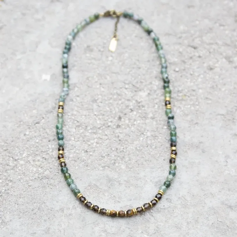 Green Moss Agate, Smoky Quartz and Tiger Eye Necklace - Abundance and Prosperity