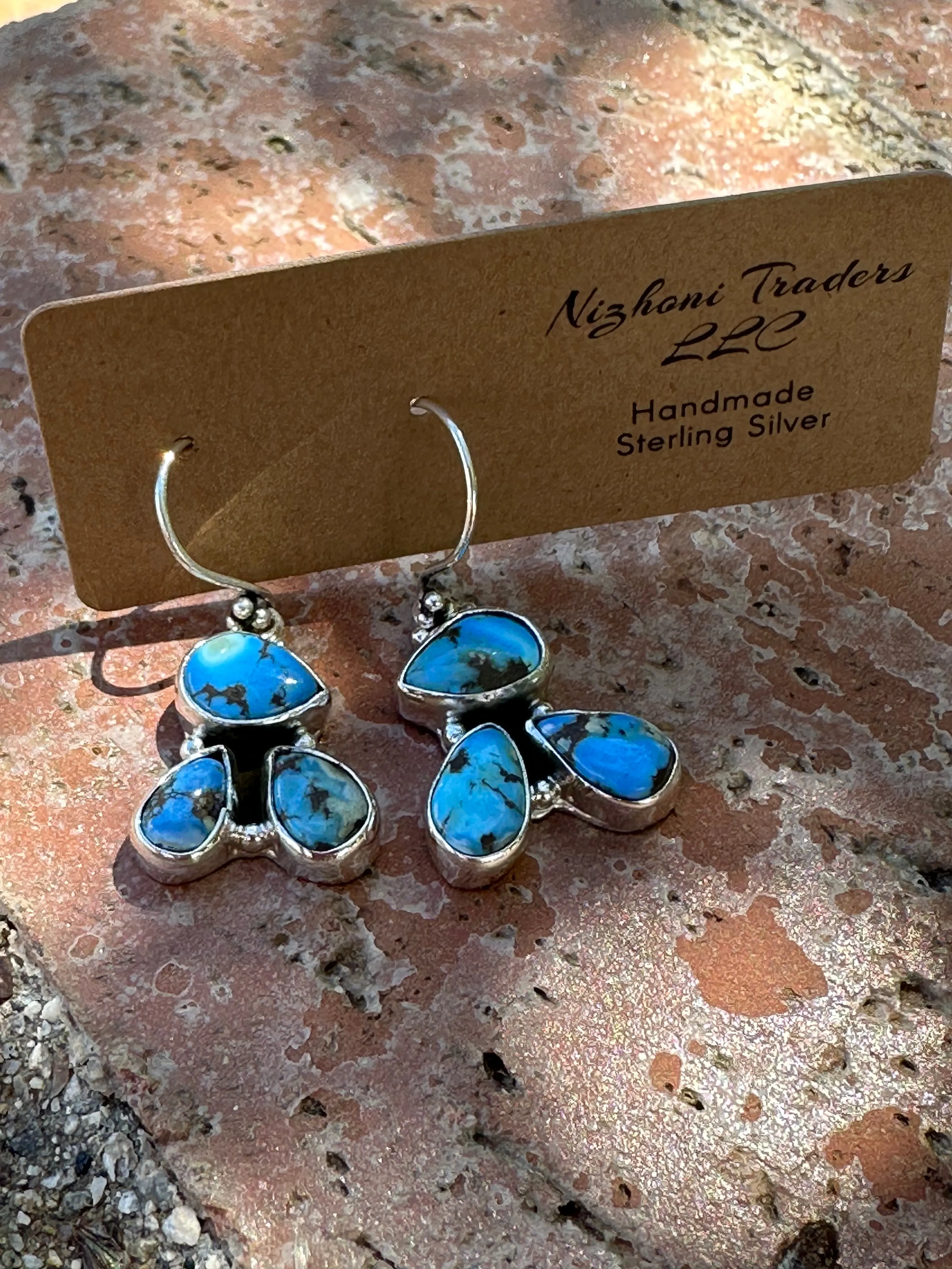 Handmade Golden Hills 3 Stone Turquoise and Sterling Silver Dangle Earrings 3 Stone