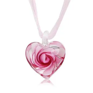 Handmade Luxury Love Heart Necklace Glass Blown Flower Inlaid Spiral Ribbon