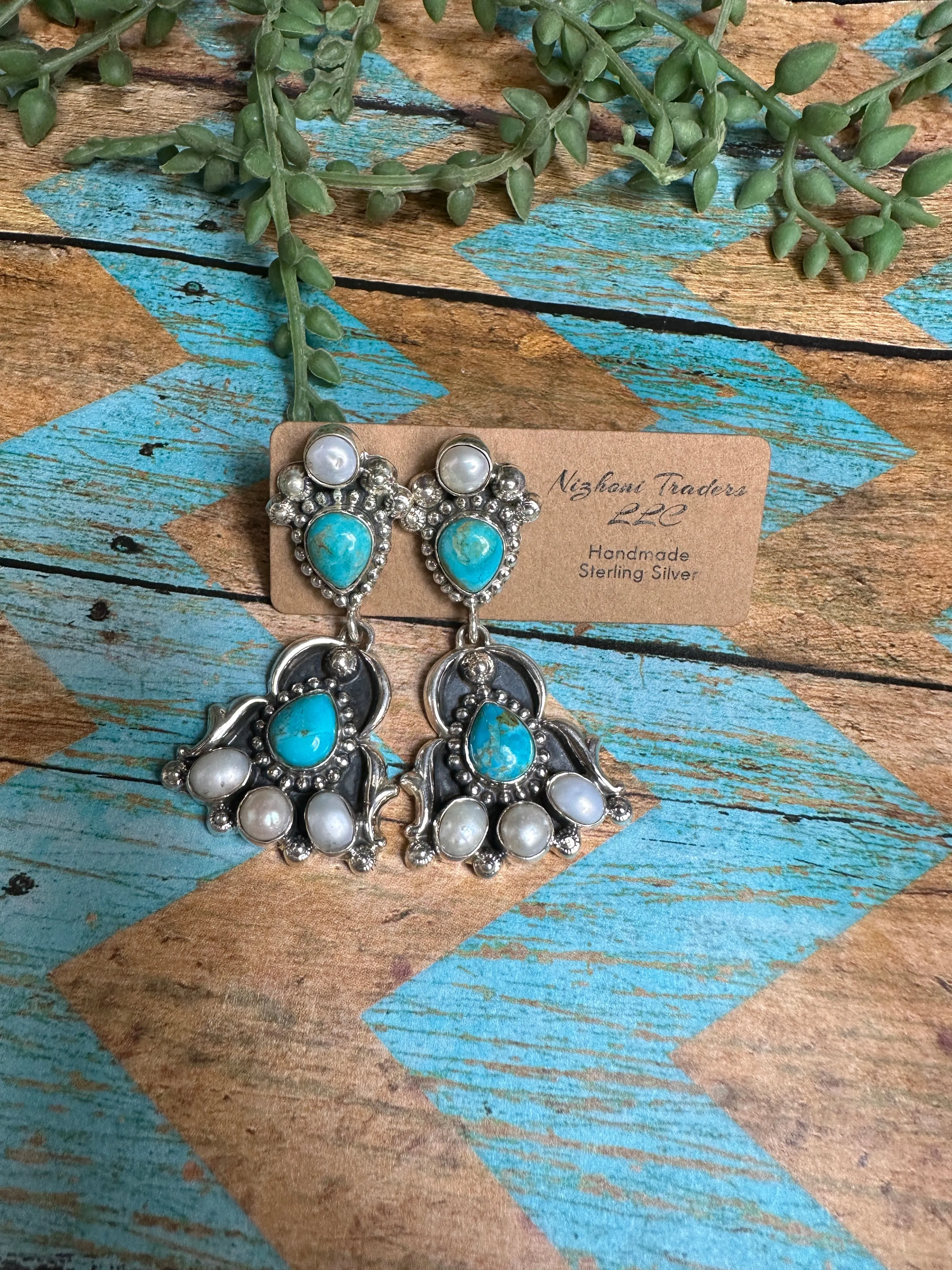 Handmade Turquoise, Mother of Pearl and Sterling Silver Post Dangle Earrings