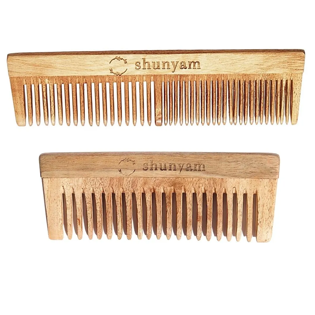 Herb oil infused Neem Comb Pack of 2 (Dual Teeth and Detangler Comb)