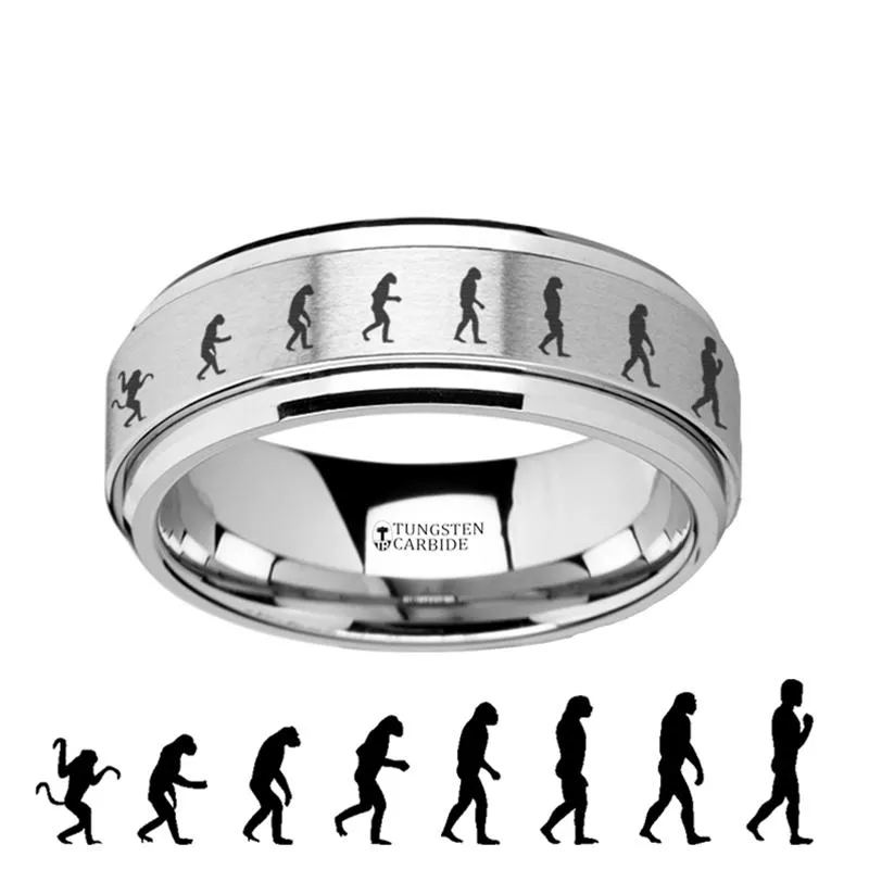 Human Evolution Engraved Spinning Tungsten Carbide Everyday Ring for Men with Bevels - 8MM