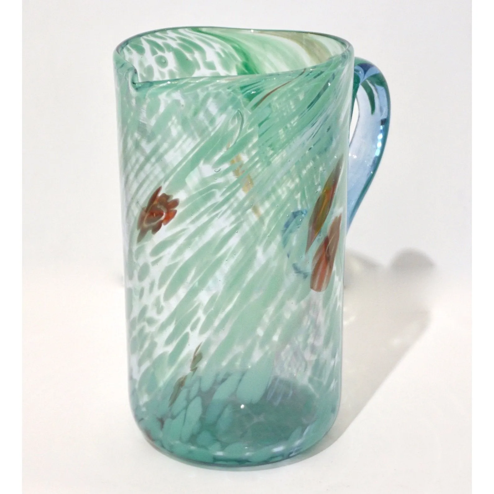 Italian Mottled Murano Glass Modern Pitcher Jug with Acqua Green Red Murrine