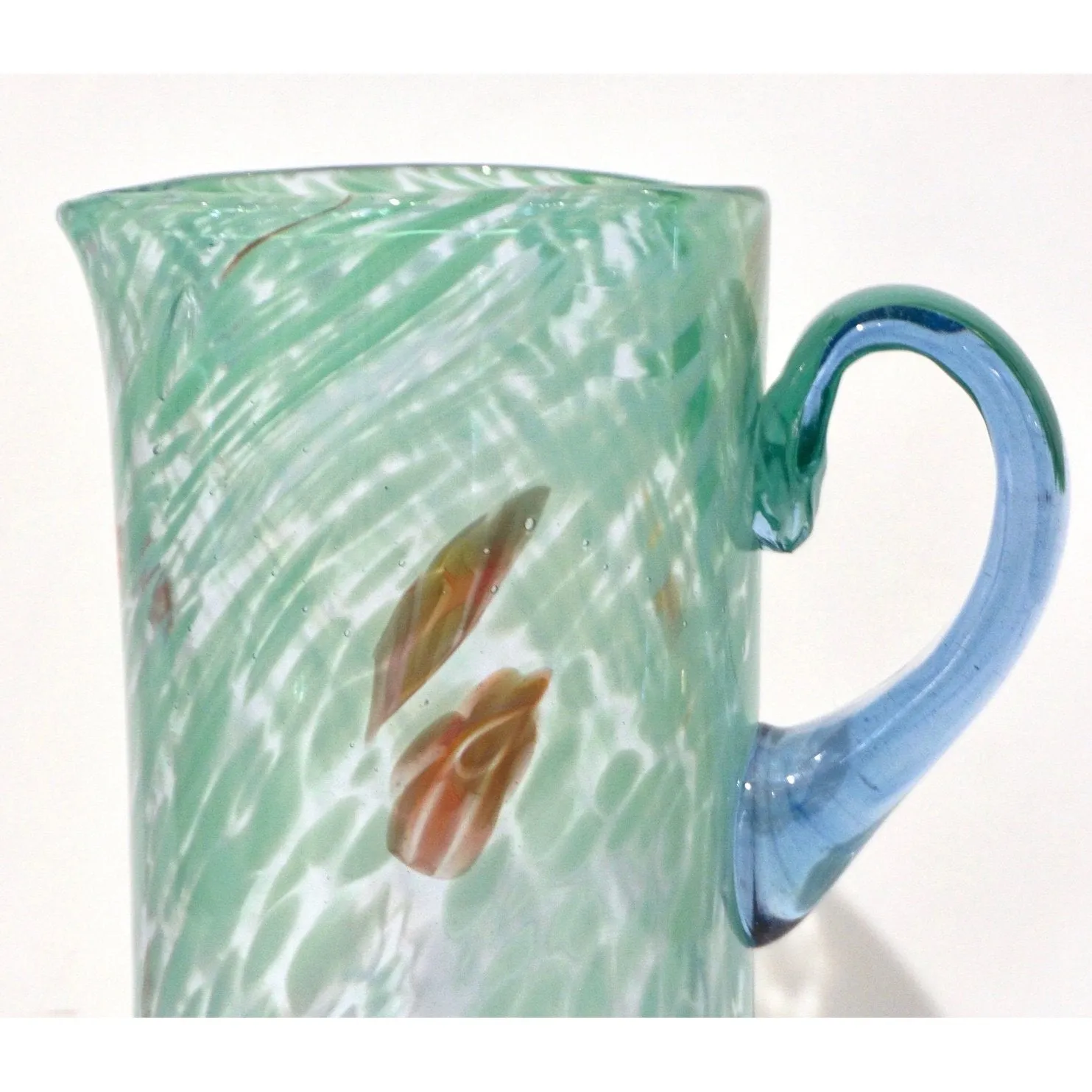 Italian Mottled Murano Glass Modern Pitcher Jug with Acqua Green Red Murrine