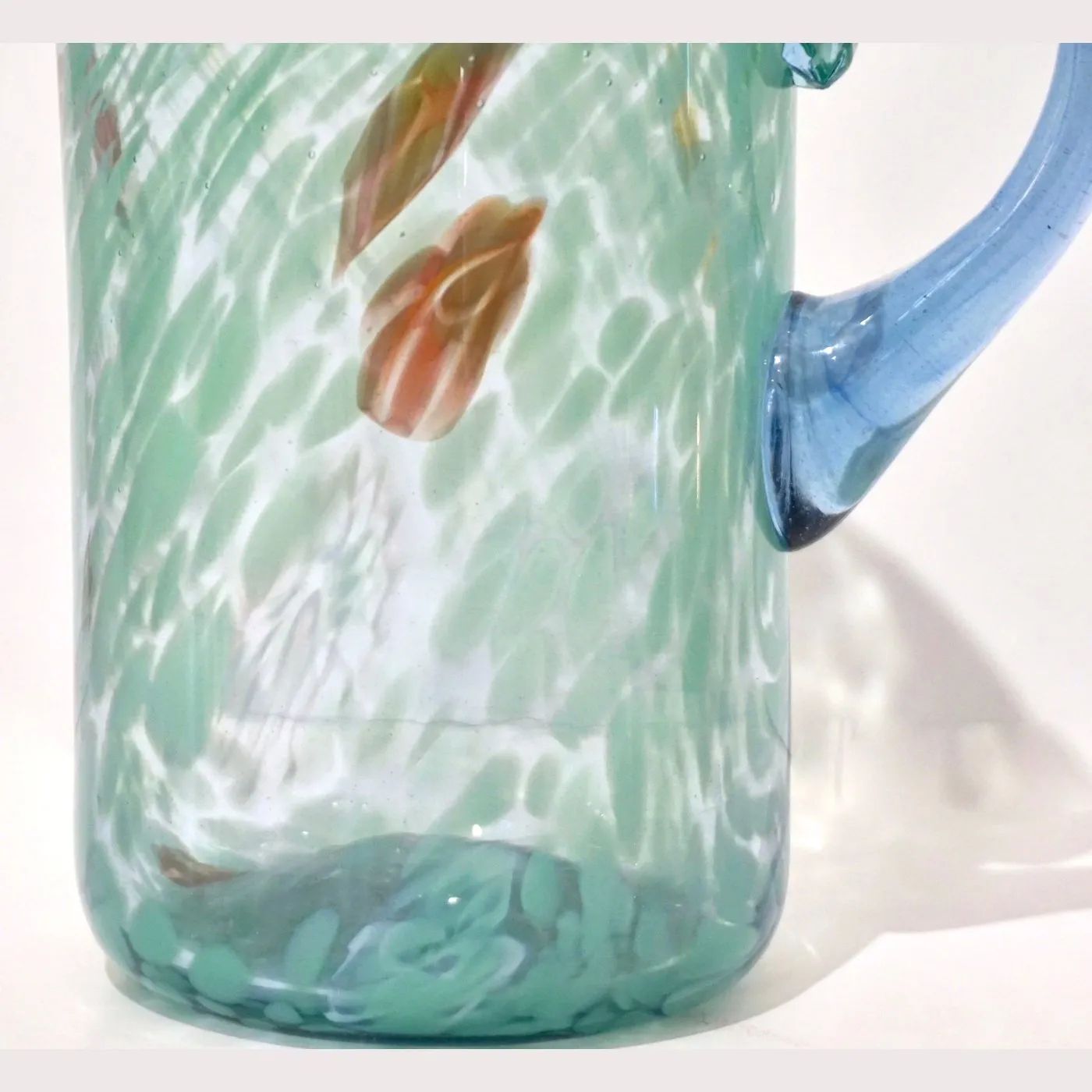 Italian Mottled Murano Glass Modern Pitcher Jug with Acqua Green Red Murrine