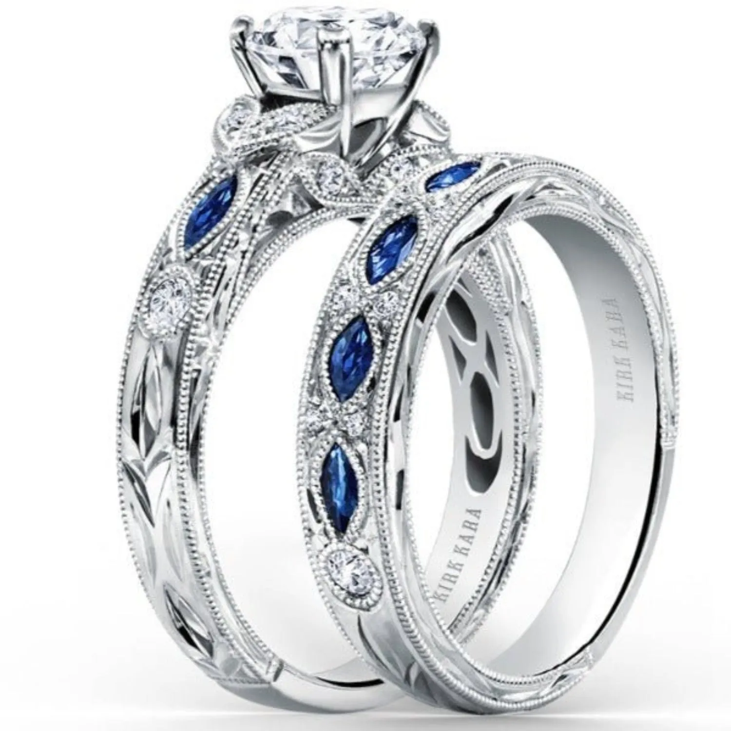 Kirk Kara "Dahlia" Marquise Shaped Blue Sapphire Diamond Engagement Ring