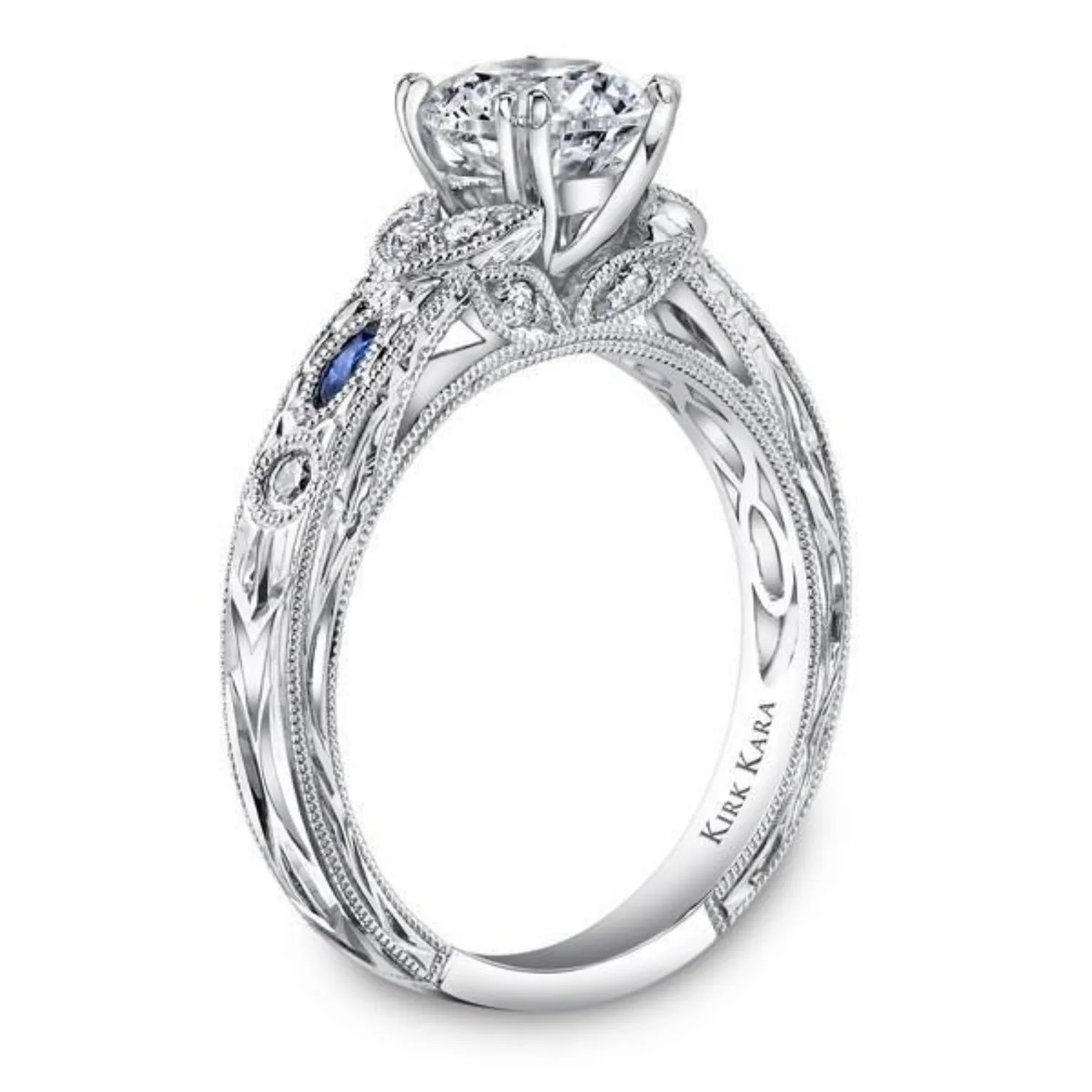 Kirk Kara "Dahlia" Marquise Shaped Blue Sapphire Diamond Engagement Ring