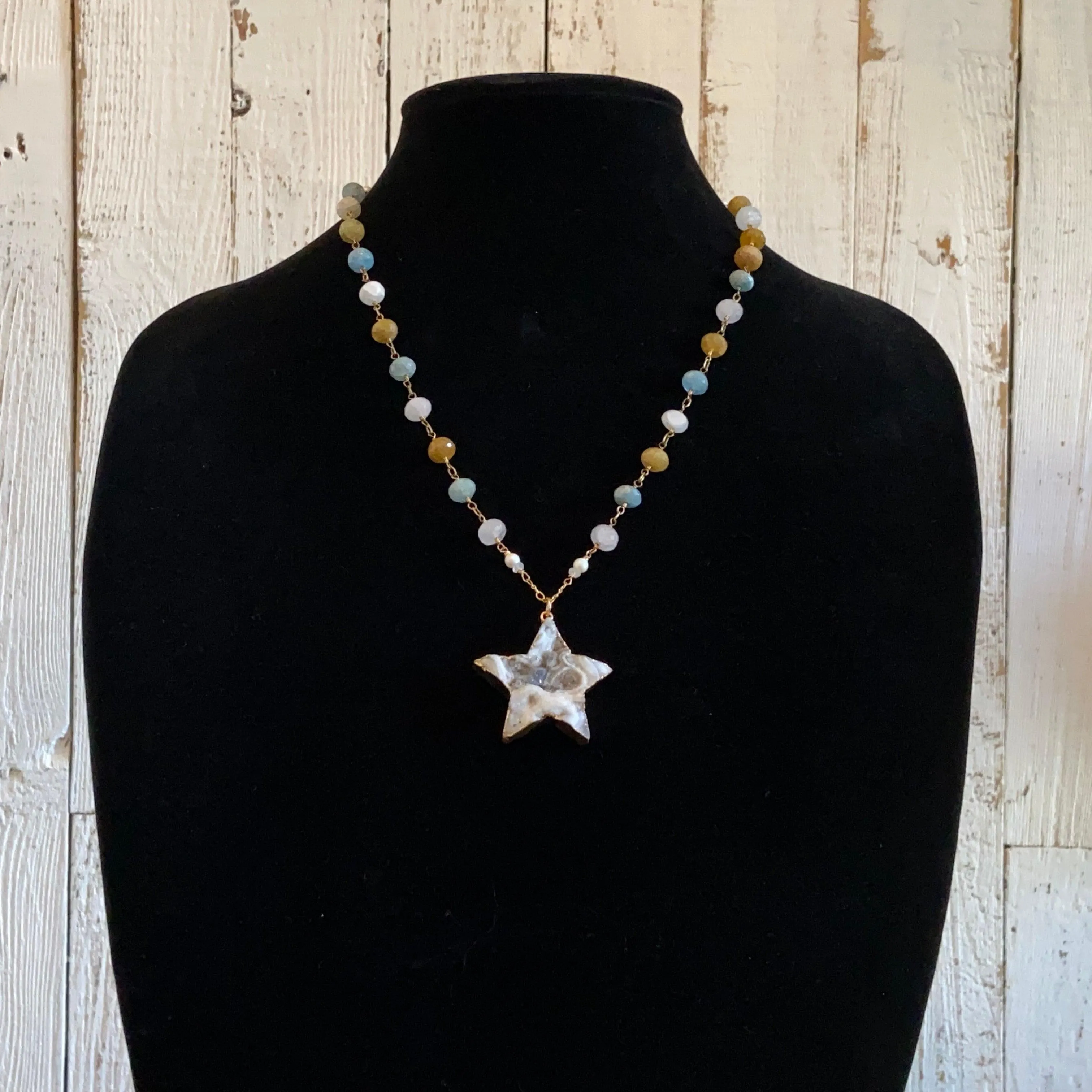 Large Druzy Quartz Star, Apatite, Sunstone and Quartz with 14K Gold Filled Necklace