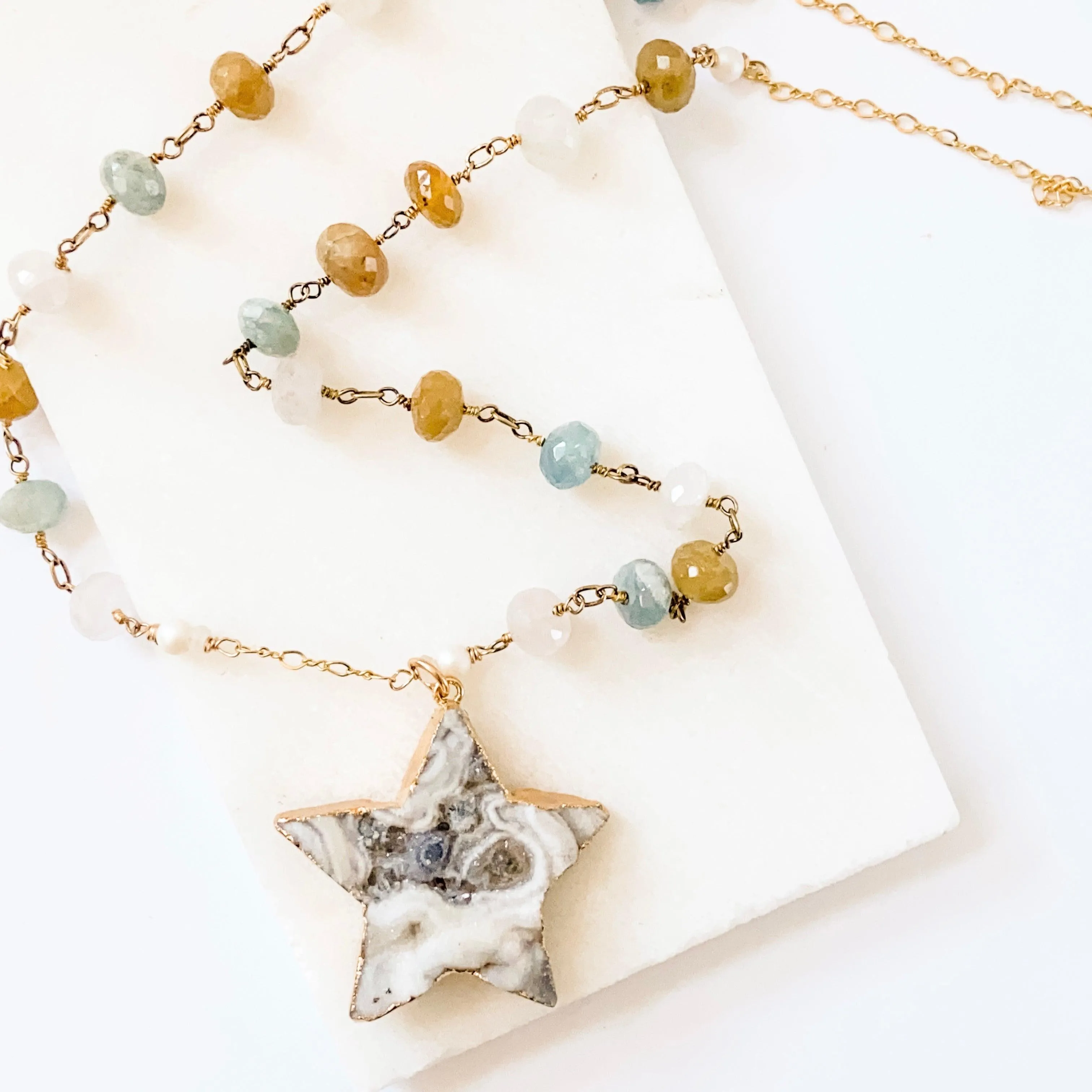 Large Druzy Quartz Star, Apatite, Sunstone and Quartz with 14K Gold Filled Necklace