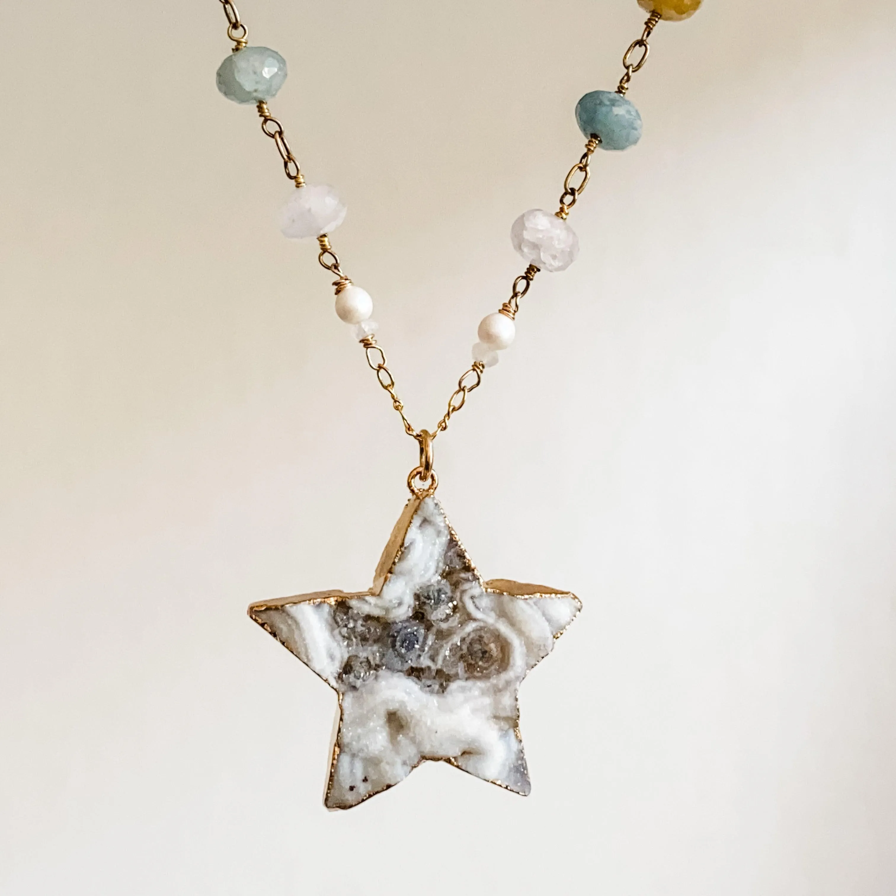 Large Druzy Quartz Star, Apatite, Sunstone and Quartz with 14K Gold Filled Necklace