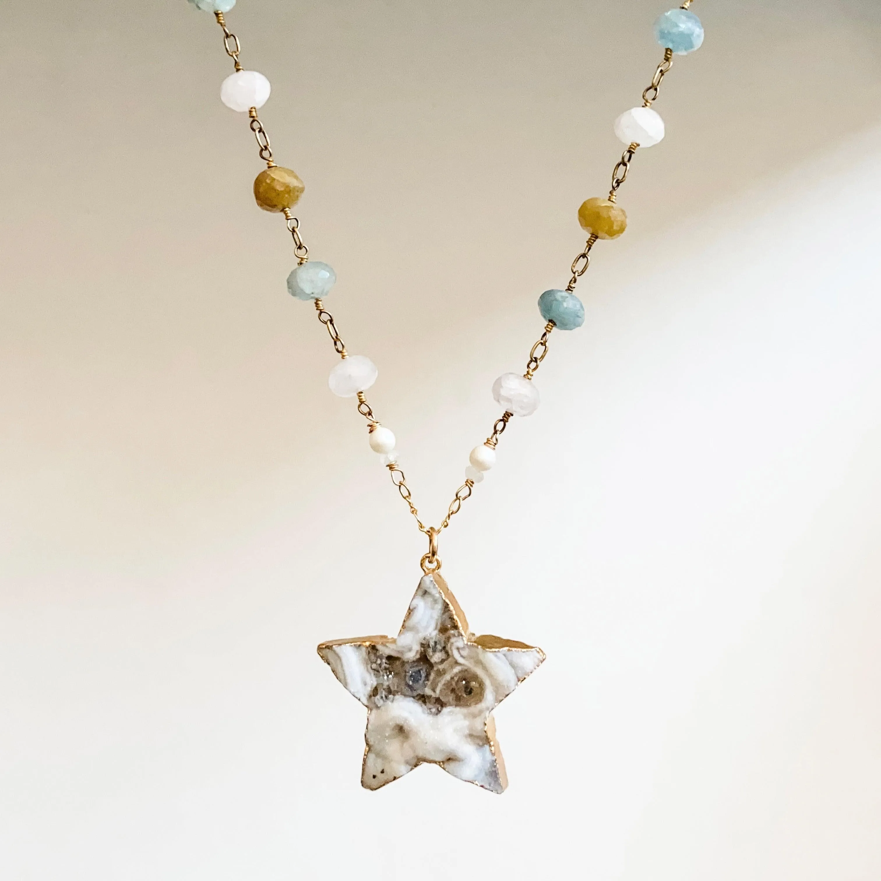 Large Druzy Quartz Star, Apatite, Sunstone and Quartz with 14K Gold Filled Necklace