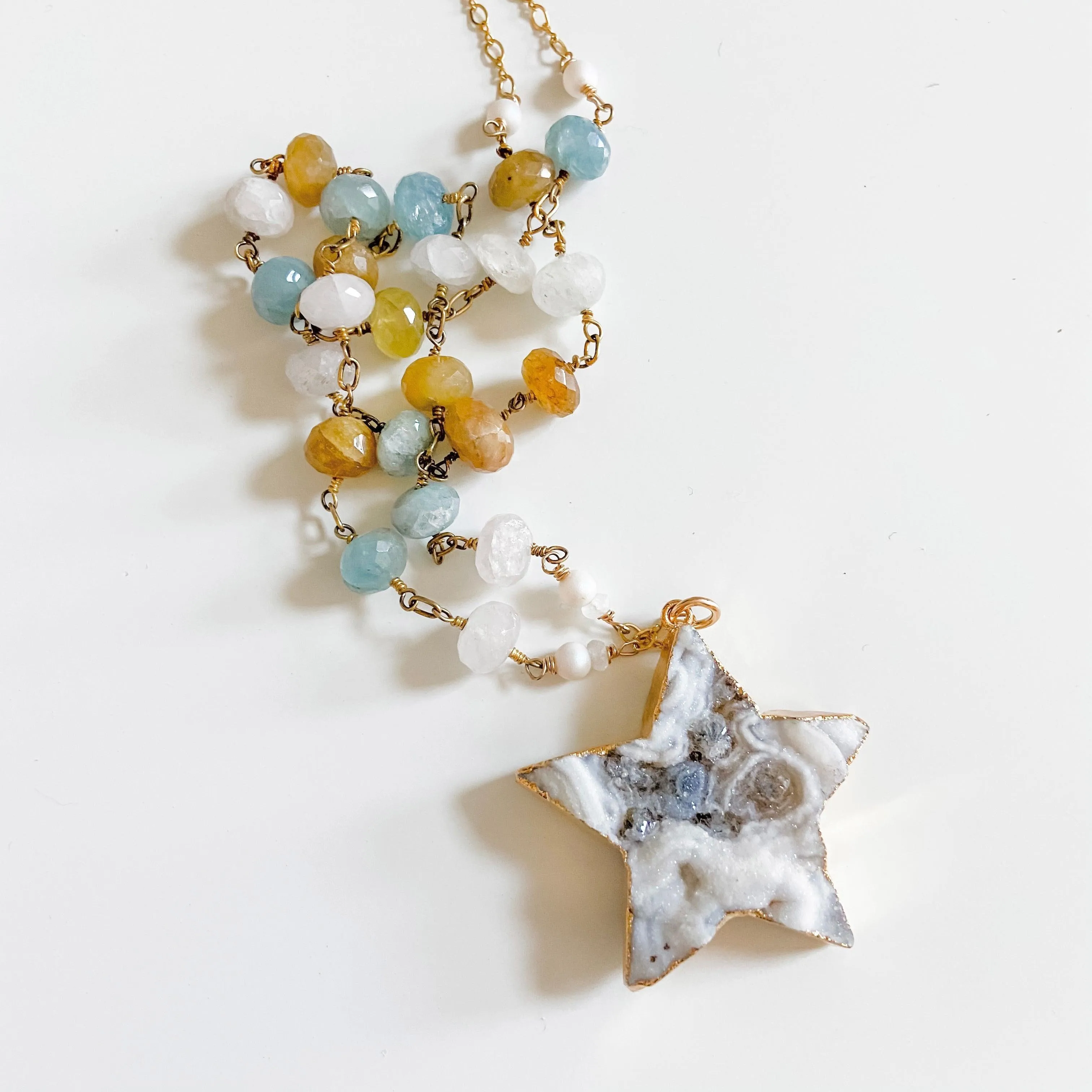 Large Druzy Quartz Star, Apatite, Sunstone and Quartz with 14K Gold Filled Necklace