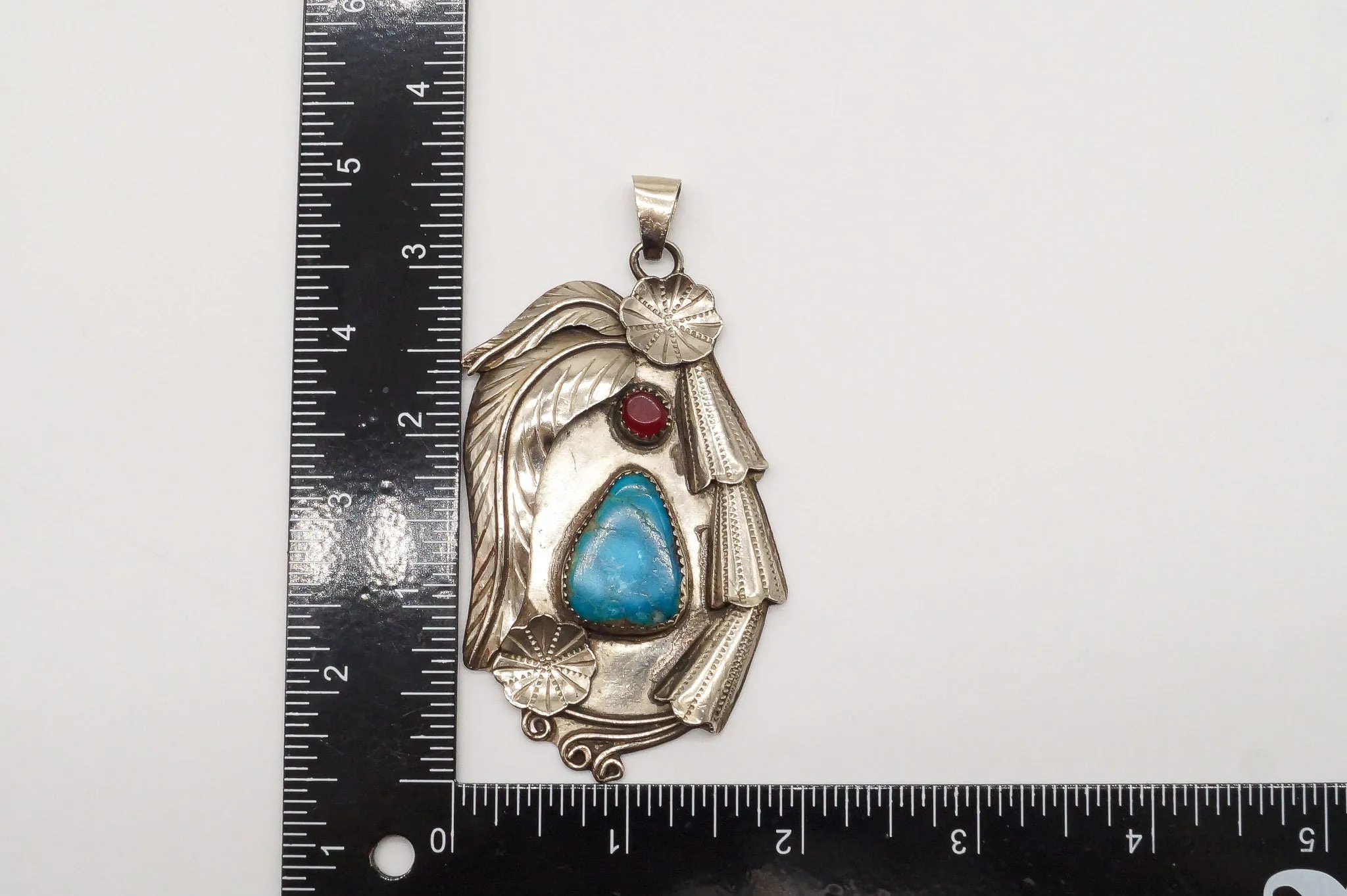 Large Vintage Native American Turquoise Carnelian Sterling Silver Pendant