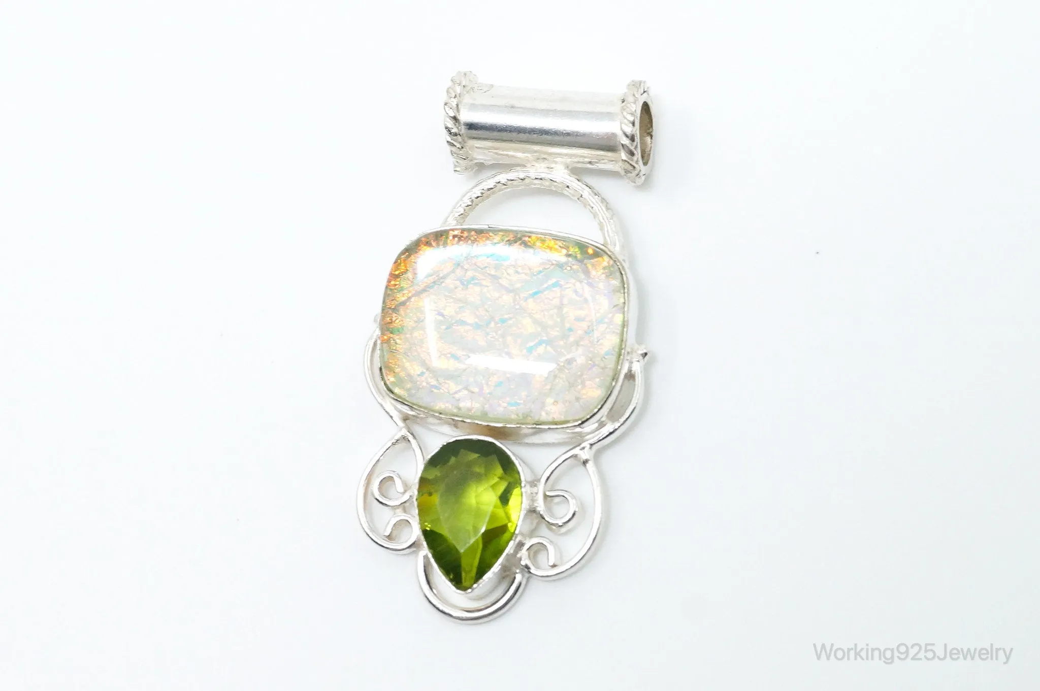 Large Vintage Rainbow Glass Peridot Sterling Silver Pendant