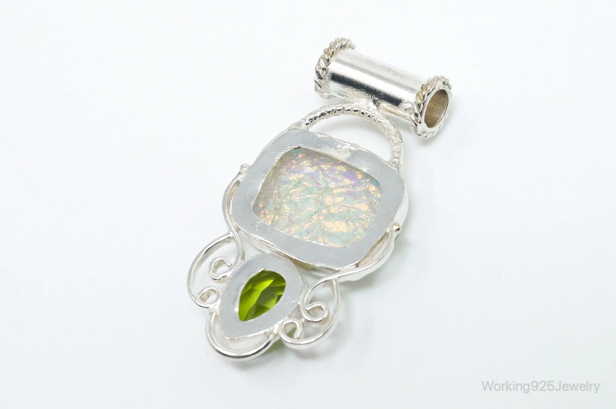 Large Vintage Rainbow Glass Peridot Sterling Silver Pendant