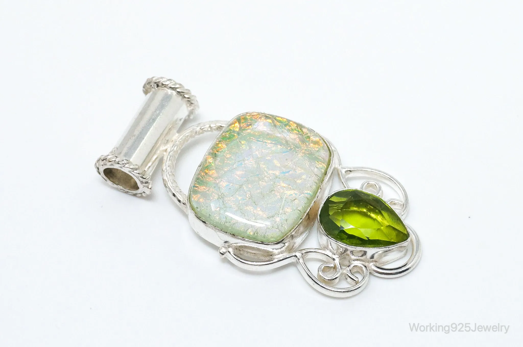 Large Vintage Rainbow Glass Peridot Sterling Silver Pendant