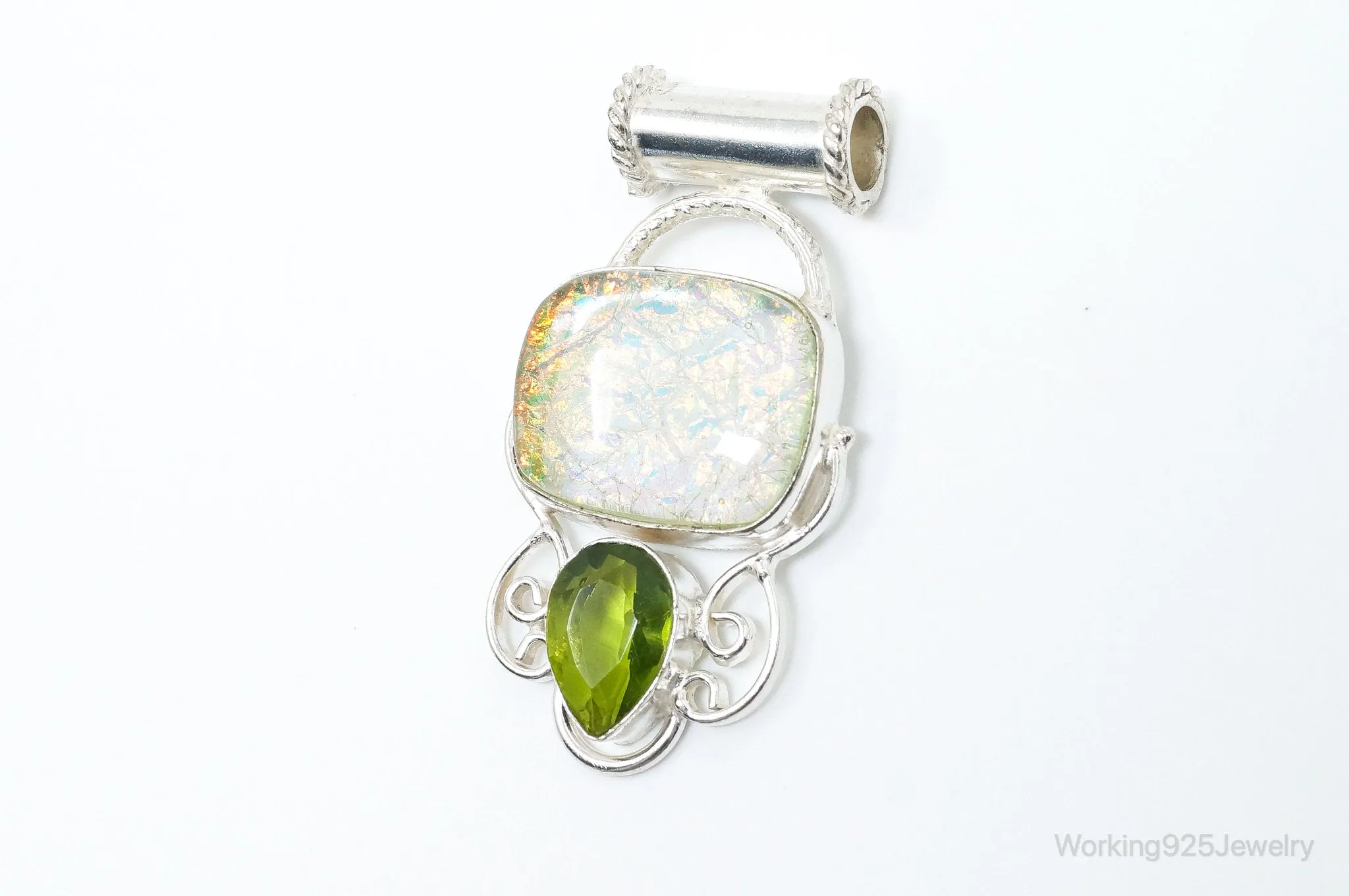 Large Vintage Rainbow Glass Peridot Sterling Silver Pendant