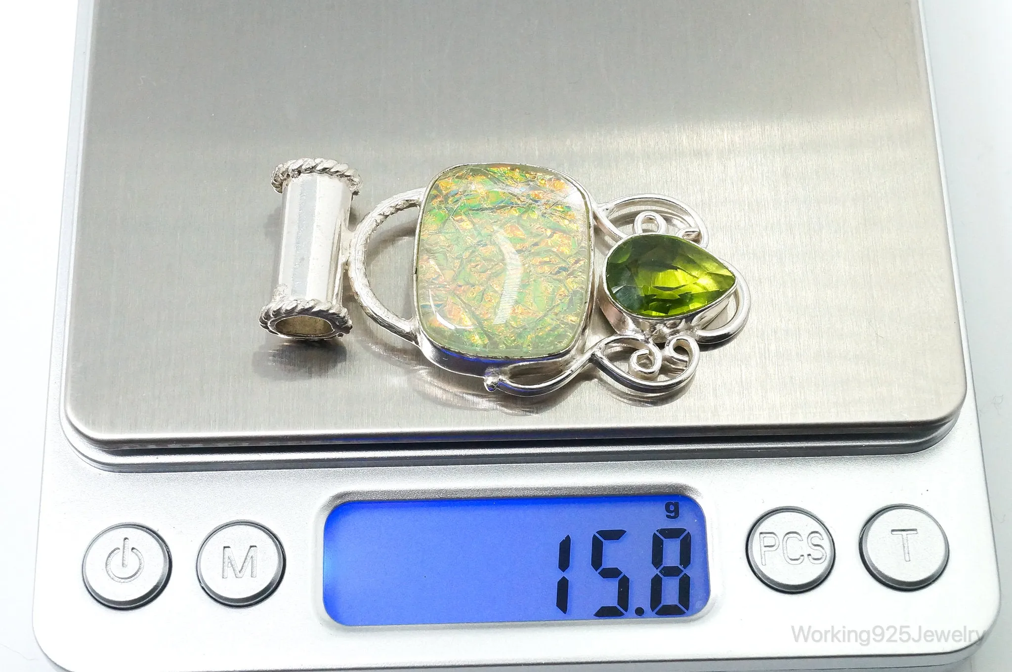 Large Vintage Rainbow Glass Peridot Sterling Silver Pendant