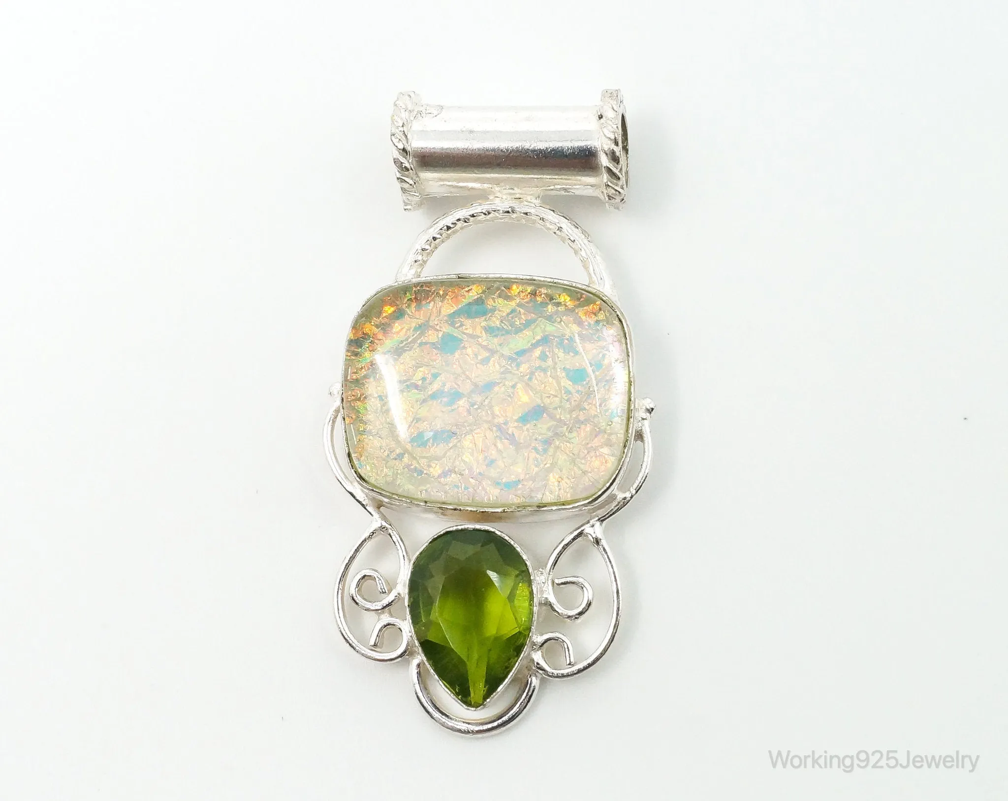 Large Vintage Rainbow Glass Peridot Sterling Silver Pendant