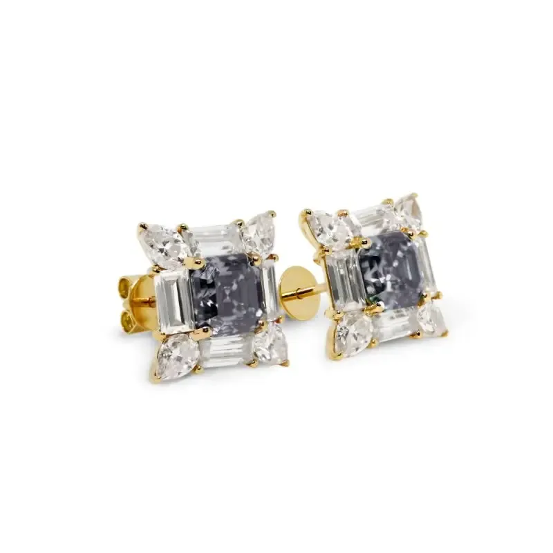 Lawrie Asscher Grey Blue Moissanite with Decorative Halo Stud Earrings in 18K gold