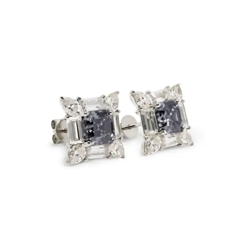 Lawrie Asscher Grey Blue Moissanite with Decorative Halo Stud Earrings in 18K gold