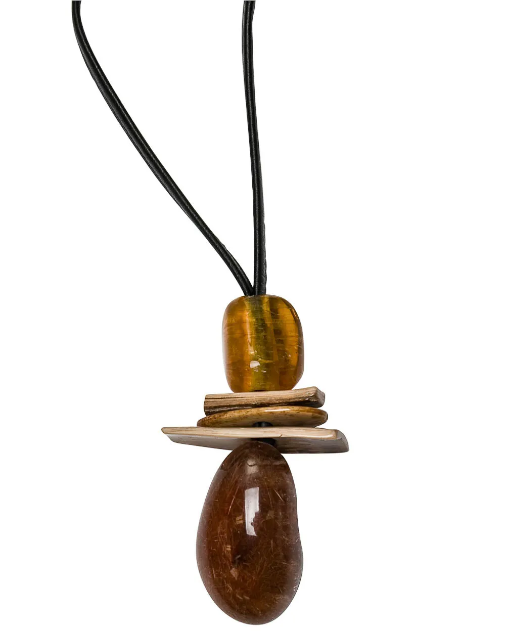 Leather and Honey Quartz Long Pendant Necklace