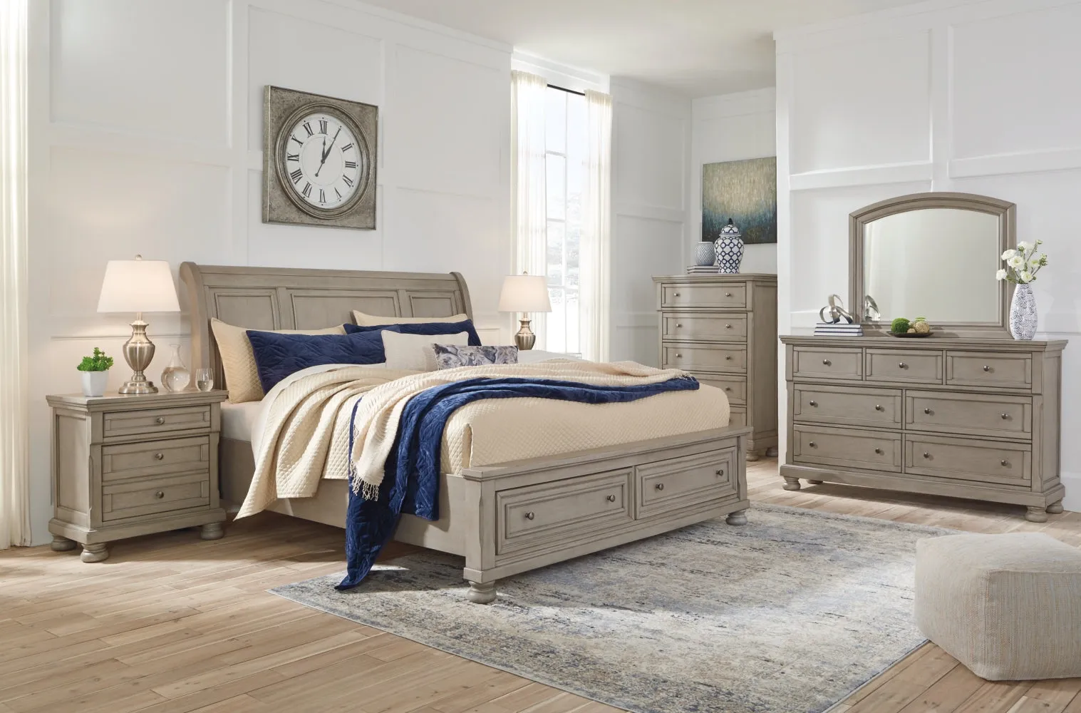 Lettner King Sleigh Bed with 2 Storage Drawers with Mirrored Dresser, Chest and Nightstand