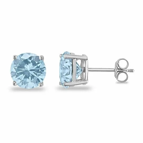 March Birthstone Aquamarine 925 Sterling Silver Round Cz Stud Casting Earrings