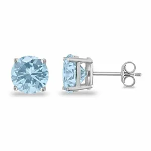 March Birthstone Aquamarine 925 Sterling Silver Round Cz Stud Casting Earrings