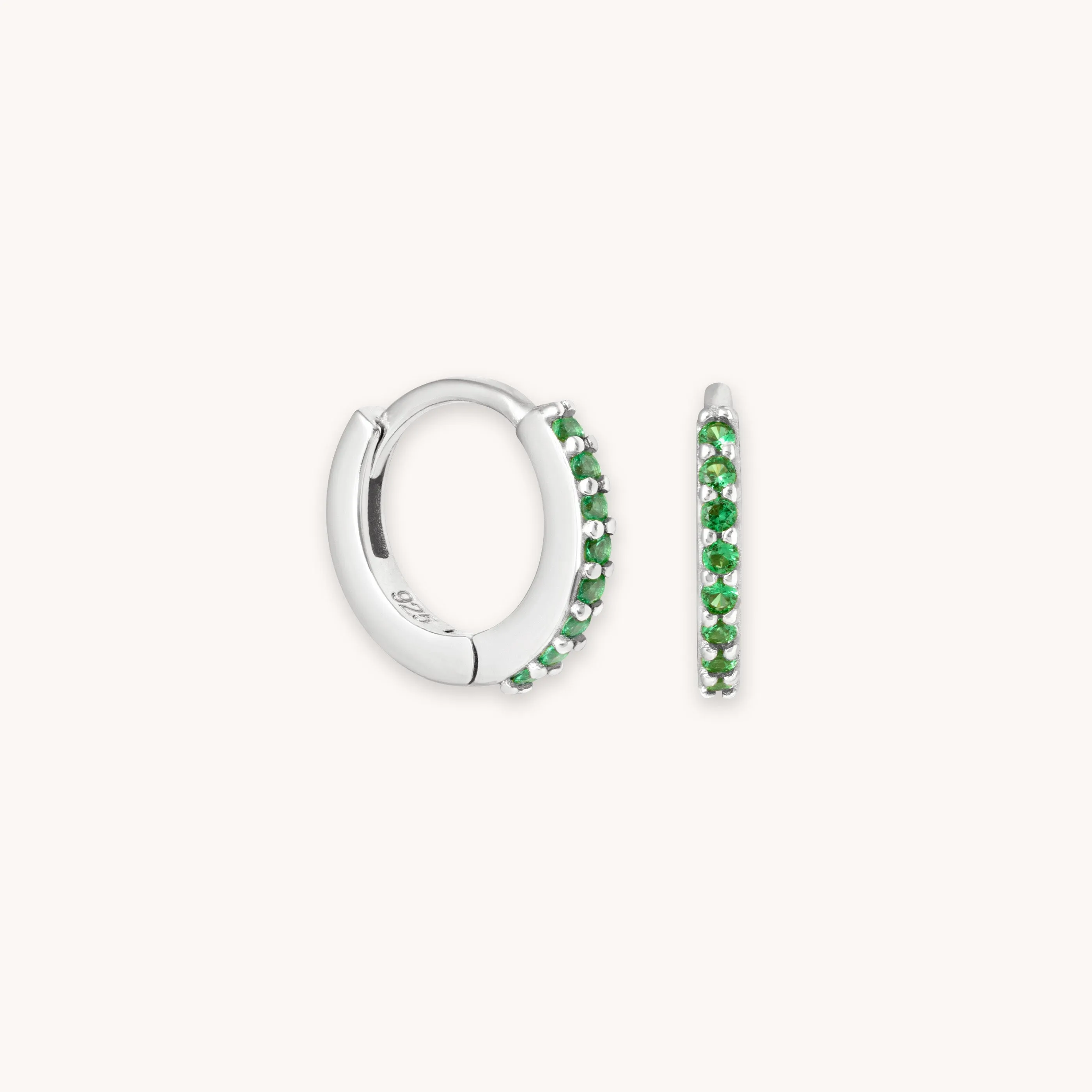 May Birthstone Huggies in Silver with Emerald CZ