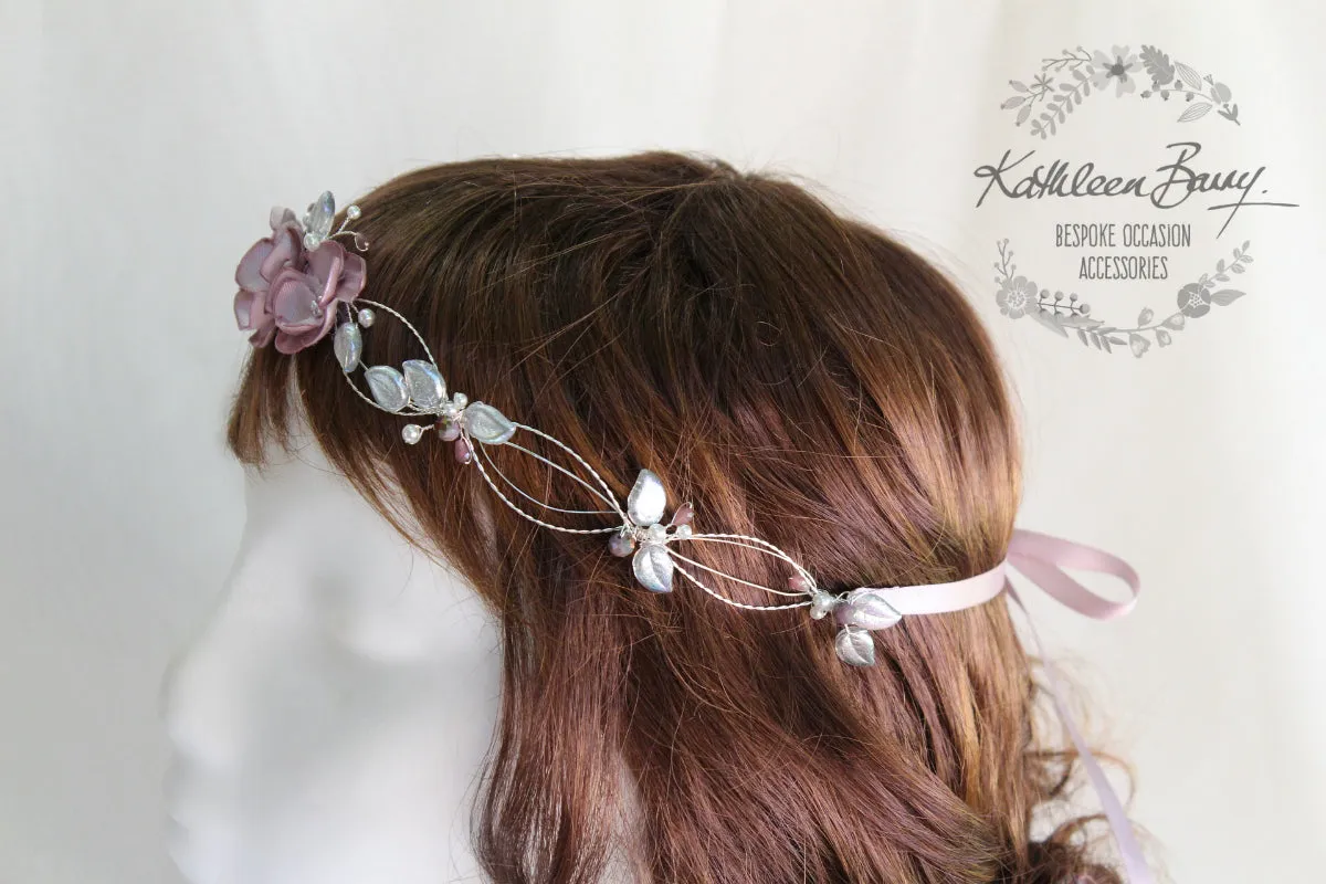 Natalie silver leaf headband and dusty pink mauve fabric flower (custom colors available)