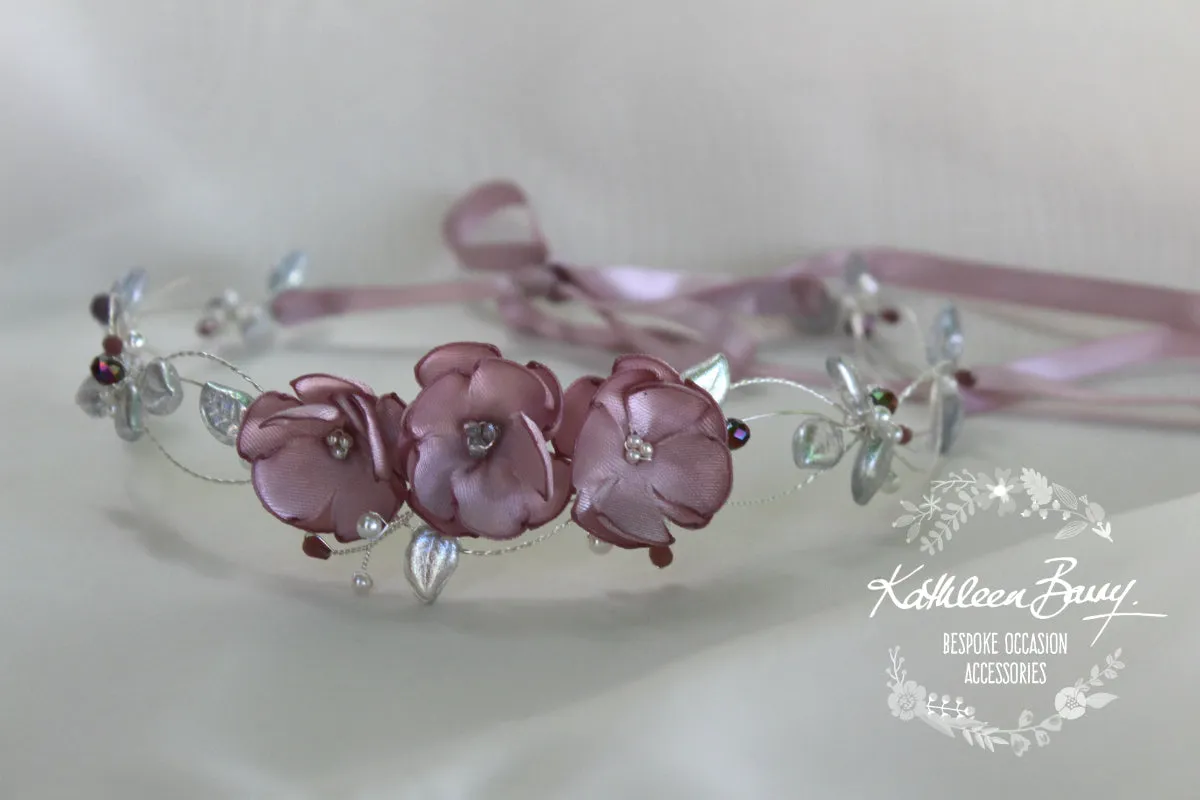 Natalie silver leaf headband and dusty pink mauve fabric flower (custom colors available)