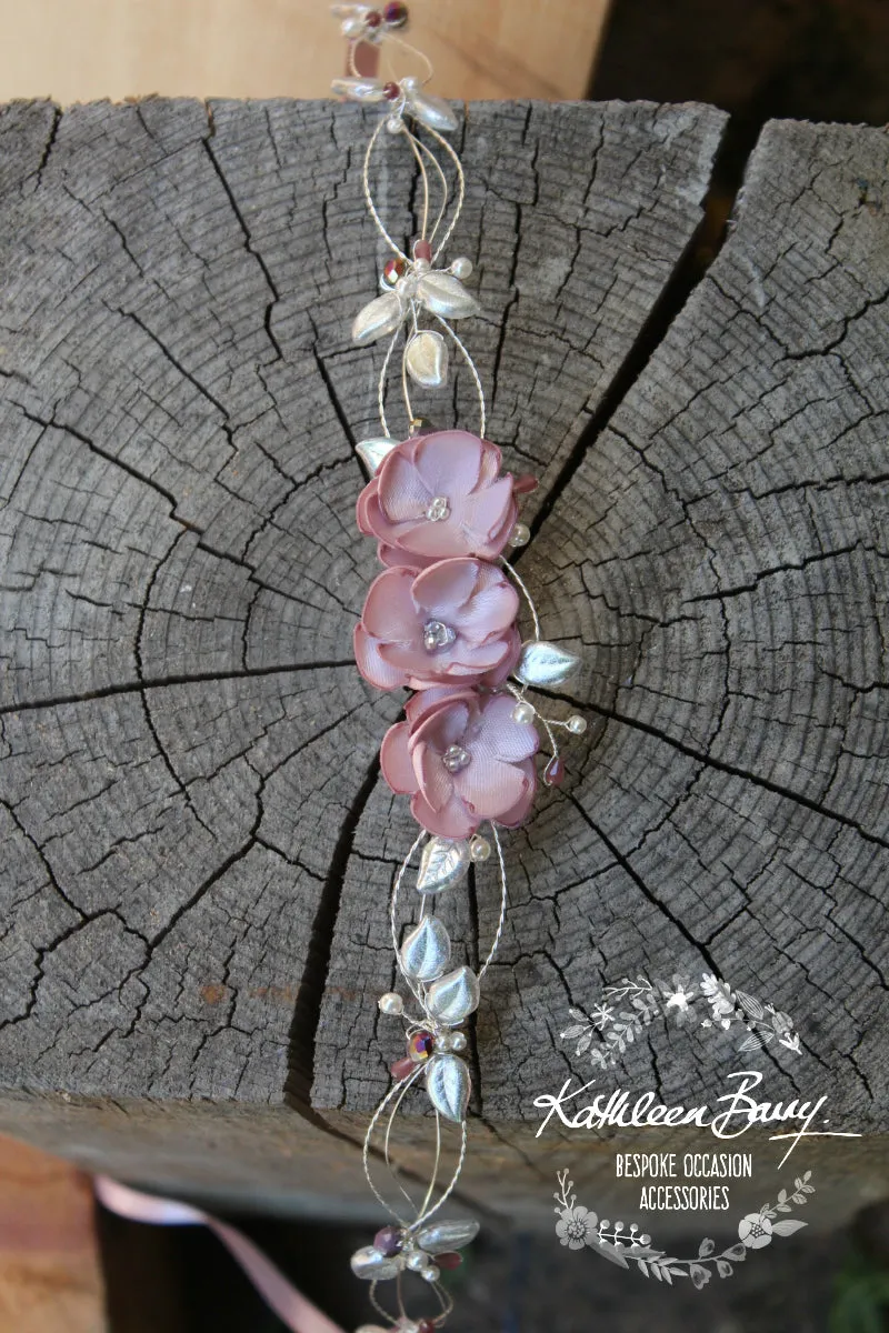 Natalie silver leaf headband and dusty pink mauve fabric flower (custom colors available)